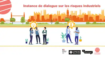 Illustration : instance de dialogue sur les risques industriels. Logos : préfecture de Seine-Maritime ; UPSIDE-Boucles de Seine ; Je Participe ; Métropole Rouen Normandie