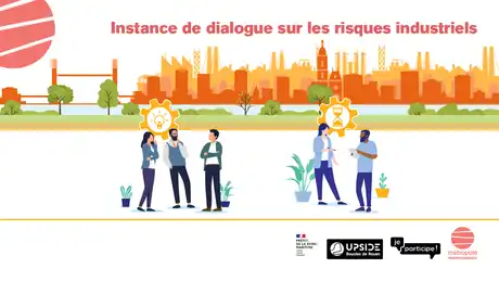 Illustration : instance de dialogue sur les risques industriels. Logos : préfecture de Seine-Maritime ; UPSIDE-Boucles de Seine ; Je Participe ; Métropole Rouen Normandie